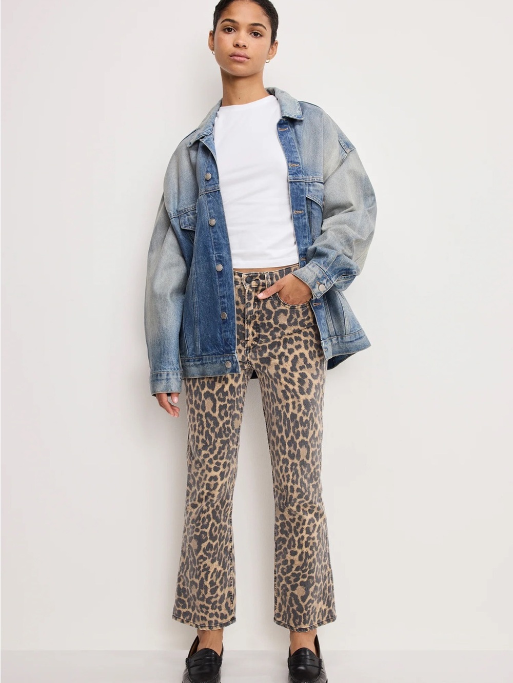 Good American Leopard-Print Flare Jeans in Tan and Black